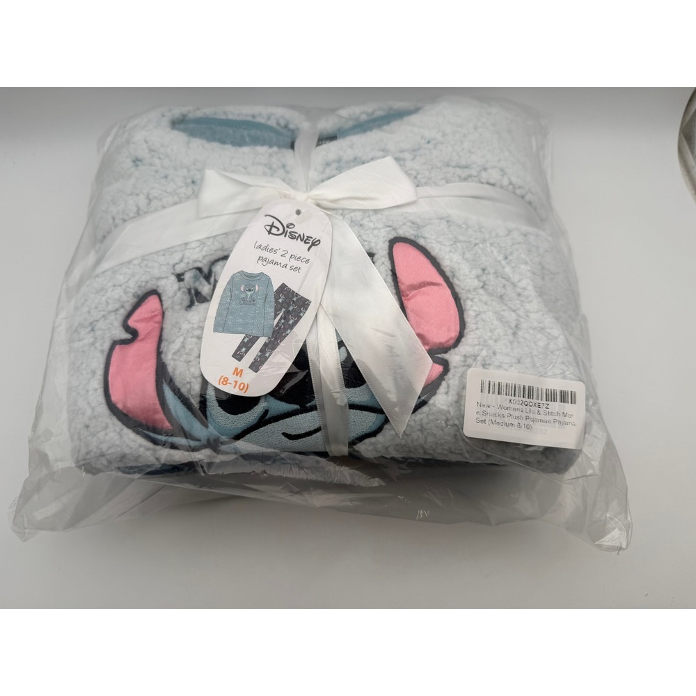 Disney Lilo & Stitch More Snacks Plush Pajama Set Womens Medium 8-10 Blue Sherpa